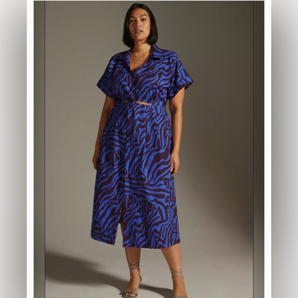 Anthropologie Twist Waist Midi Shirtdress Maxi Dress In Blue Motif Size XS